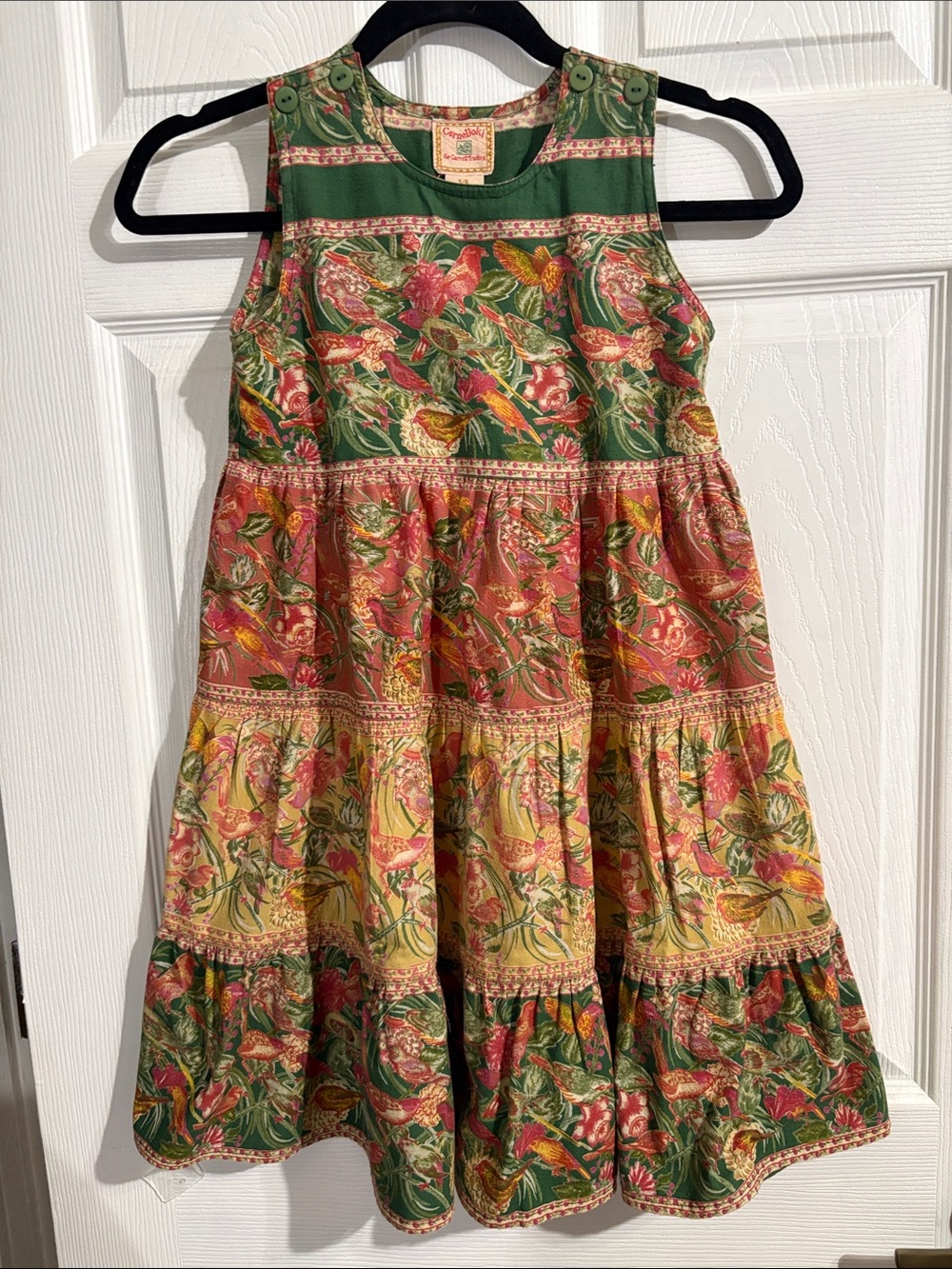 Cornelloki Girls' Tiered Floral Dress in Green & Pink - Lightweight Cotton